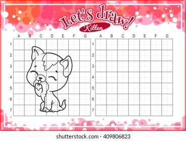 Educational game for kids. How to draw cute cartoon kitten. Drawing with grid. Worksheet for class or at home with the kids. A4 size. Horizontal orientation.