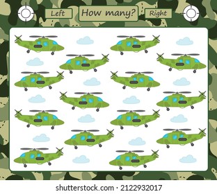 Educational game for kids. How much right and left. Military transport. Helicopter. Teaching orientation in space and counting for preschool children. Vector illustration