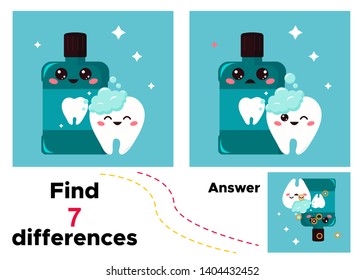 Educational game for kids. Kawaii cartoon mouthwash bottle and tooth. For children about dental hygiene. Vector illustration.