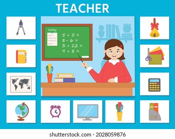 Educational game for kids.  Learning cards. Professions. Teacher and school supplies. Preschool worksheet activity. Vector illustration