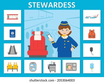 Educational game for kids. Learning cards. Professions. Cute stewardess on board. Preschool worksheet activity. Vector illustration in cartoon styl