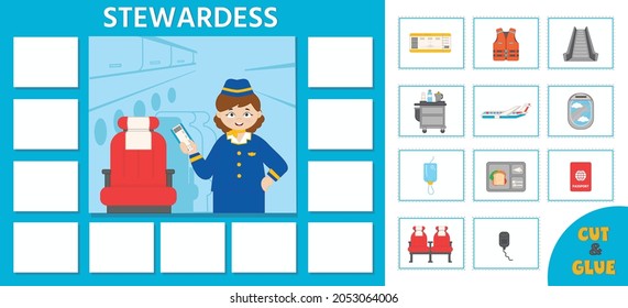 Educational game for kids. Learning cards. Professions. Cute stewardess on board. Preschool worksheet activity. Vector illustration in cartoon styl