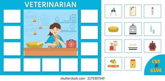 Erziehungsspiel für Kinder.  Lernkarten. Berufe. Tierarzt.  Aktivität des vorschulischen Arbeitsblattes. Vektorgrafik