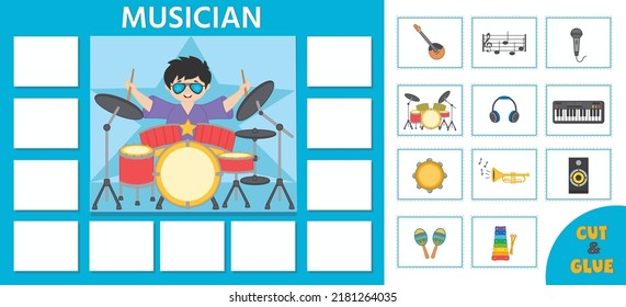 Educational game for kids.  Learning cards. Professions. Musician. Musical instruments. Preschool worksheet activity. Vector illustration