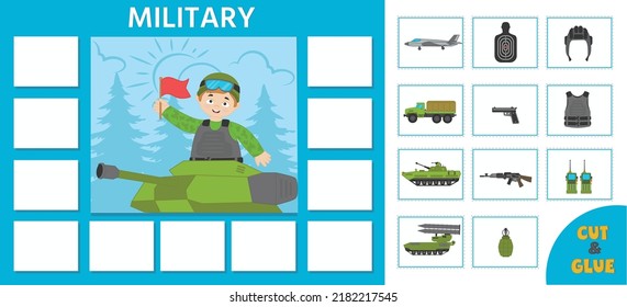 Educational game for kids.  Learning cards. Professions. Military soldier and military equipment. Preschool worksheet activity. Vector illustration