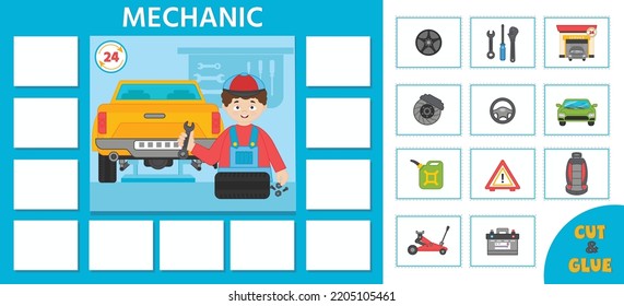 Educational Game For Kids.  Learning Cards. Professions. Auto Mechanic And Tools. Preschool Worksheet Activity. Vector Illustration