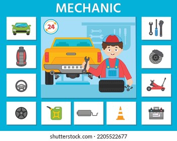 Juego educativo para los niños.  Tarjetas de aprendizaje. Profesiones. Mecánica y herramientas automáticas. Actividad de la hoja de cálculo preescolar. Ilustración del vector