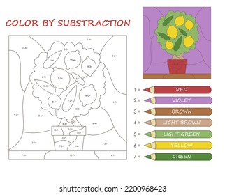 Educational game for kids. Linear sketch with beautiful lemon tree or bush and math. Color area by subtraction. Design element for learning preschoolers. Cartoon modern flat vector illustration