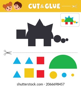 Educational game for kids. Make a dinosaur from geometric shapes. Preschool worksheet activity. Children funny riddle entertainment. Vector illustration