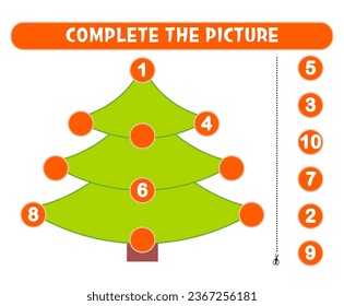 Educational game for kids, math activity worksheet. Fill in the missing numbers in christmas tree