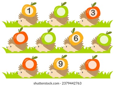 Educational game for kids, math activity worksheet. Fill in the missing numbers. Hedgehog with apple