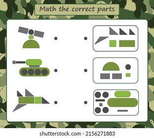 Educational game for kids. Math the correct parts. Military equipment: tank, satellite, aircraft. Activity for preschool years kids and toddlers. Vector illustration