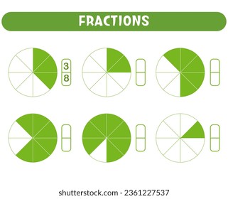 Educational game for kids, math fraction worksheet. 