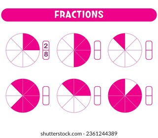 Educational game for kids, math fraction worksheet. 