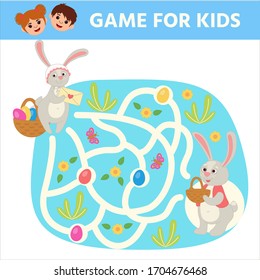 Educational game for kids. Maze. Help the bunny collect Easter eggs in the basket. Easter. Developing kids attentiveness and spatial mathematical thinking skills. Printable worksheet. 