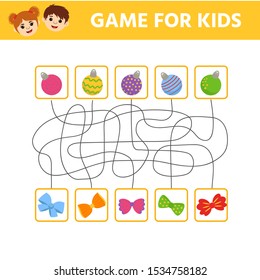 Educational game for kids. Maze. Learning  for preschool childre. Cartoon christmas balls and bows. Printable worksheet. Vector Illustration