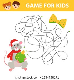 Educational game for kids. Maze. Learning  for preschool childre. Cartoon mouse and bows. Printable worksheet. Vector Illustration