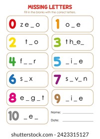 Educational game for kids. Missing letters worksheet. Numbers for kids. Writing practice activity for kindergarten