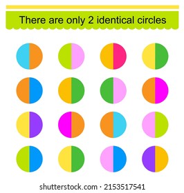 Educational game for kids. Need to find two identical circles. Visual intelligence. Vector illustration.