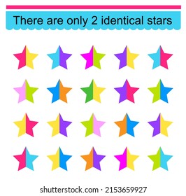 Educational game for kids. Need to find two identical stars. Visual intelligence. Vector illustration.