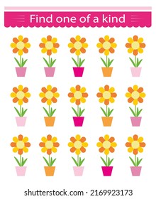 Educational game for kids. Need to find one of a kind flower pot. Visual intelligence. Vector illustration.