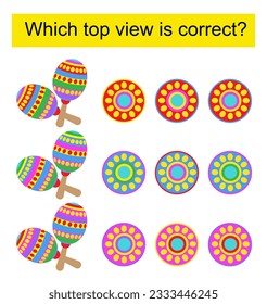 Educational game for kids. Need to find the top view for every maraca. Vector illustration.  