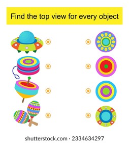 Educational game for kids. Need to find the top view for every object. Vector illustration. 