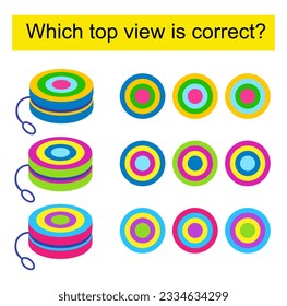 Educational game for kids. Need to find the top view for every yo yo. Vector illustration. 