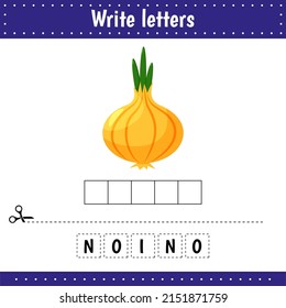 Educational game for kids. Onion. Crossword Fruits. Guess the word. Education developing worksheet. Learning game for kids. Activity page. Riddle for preschool kids.