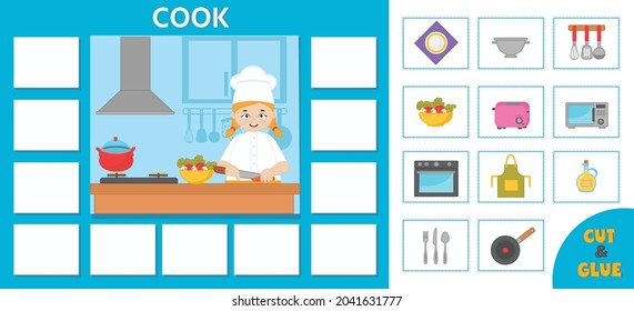 Educational game for kids. Puzzle. Learning cards. Professions. Chef in the kitchen. Preschool worksheet activity. Vector illustration