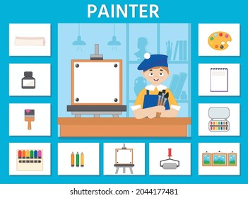 Educational game for kids. Puzzle. Learning cards. Professions. Painter and art tools. Preschool worksheet activity. Vector illustration