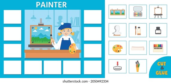 Educational game for kids. Puzzle. Learning cards. Professions. Painter and art tools. Preschool worksheet activity. Vector illustration