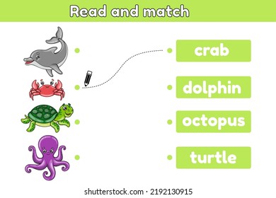 Educational game for kids. Read, match pictures and words. English language learning. Vector illustration of cartoon sea animals.