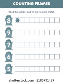 Educational game for kids read the number and fill the frames of cute cartoon gray tombstone halloween printable worksheet