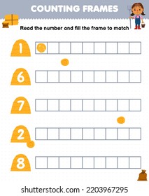 Educational game for kids read the number and fill the frames of cute cartoon haystack printable farm worksheet