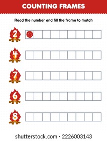 Educational game for kids read the number and fill the frames from cute cartoon red bonfire printable winter worksheet