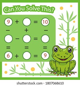 Educational game. Kids riddle. Mathematical count task for children. Find right answer. Activity page with cute frog. Vector illustration.
