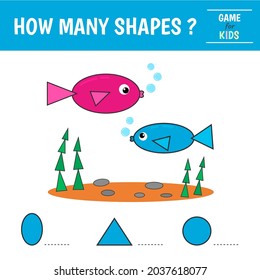 Educational Game For Kids. Sea Fish Of Geometric Shapes. Count  Ovals, Triangles And Circles. Preschool Worksheet Activity. Vector Illustration