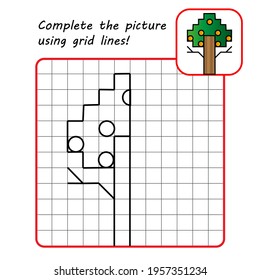 Educational game for kids. Simple exercise. Tree. Drawing using grid. Symmetrical drawing. Vector illustration.