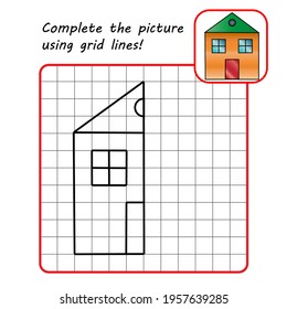 Educational game for kids. Simple exercise. House. Drawing using grid. Symmetrical drawing. Vector illustration.