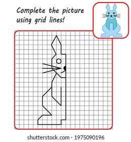 Educational game for kids. Simple exercise Rabbit. Drawing using grid. Symmetrical drawing. Vector illustration.