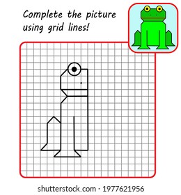 Educational game for kids. Simple exercise Frog. Drawing using grid. Symmetrical drawing. Vector illustration.