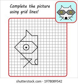 Educational game for kids. Simple exercise Raccoon. Drawing using grid. Symmetrical drawing. Vector illustration.