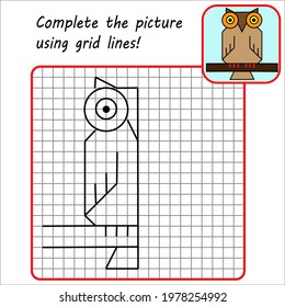 Educational game for kids. Simple exercise Owl. Drawing using grid. Symmetrical drawing. Vector illustration.