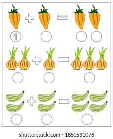 Educational game for kids. Solve math examples for addition. Fold vegetables: pepper, onion, zucchini.
