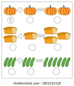 Juego educativo para los niños. Resuelva ejemplos matemáticos para agregar. Calabaza, pan, pepinos.