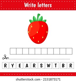 Educational game for kids. Strawberry. Crossword Fruits. Guess the word. Education developing worksheet. Learning game for kids. Activity page. Riddle for preschool kids.