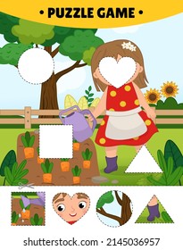 Educational game for kids. The study of geometric shapes. Puzzles for preschoolers. Illustration of cute little girl is watering a garden with carrots.
