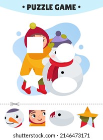 Educational game for kids.  The study of geometric shapes. Puzzles for preschoolers.  Vector illustration of a cute girl sculpts a snowman.
