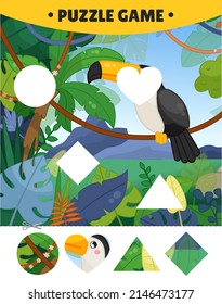 Educational game for kids.  The study of geometric shapes. Puzzles for preschoolers.  Vector illustration of a toucan in the jungle.
